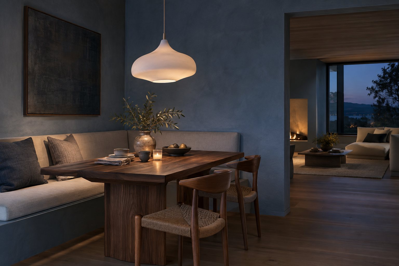 Modern dining nook with blue wall and walnut table at dusk