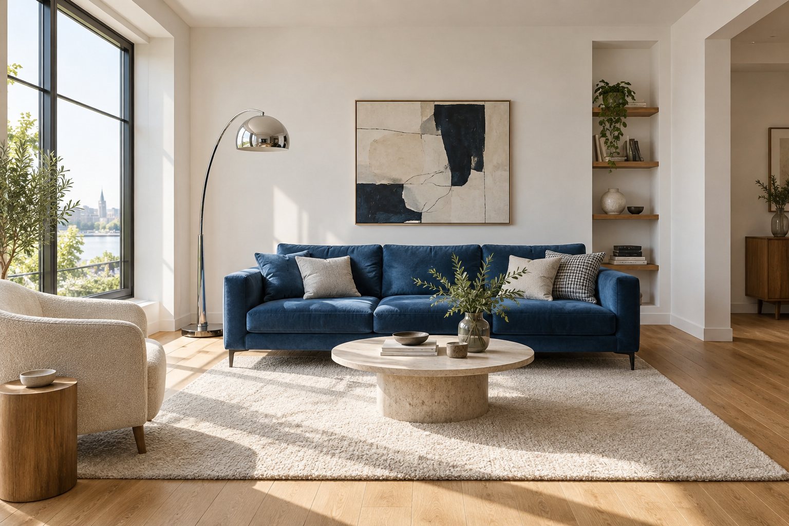 Contemporary living room with a blue sofa and oak flooring