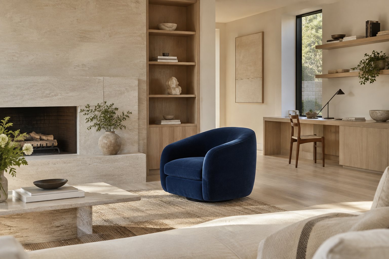 Daylight studio living room with pale oak and a cobalt chair