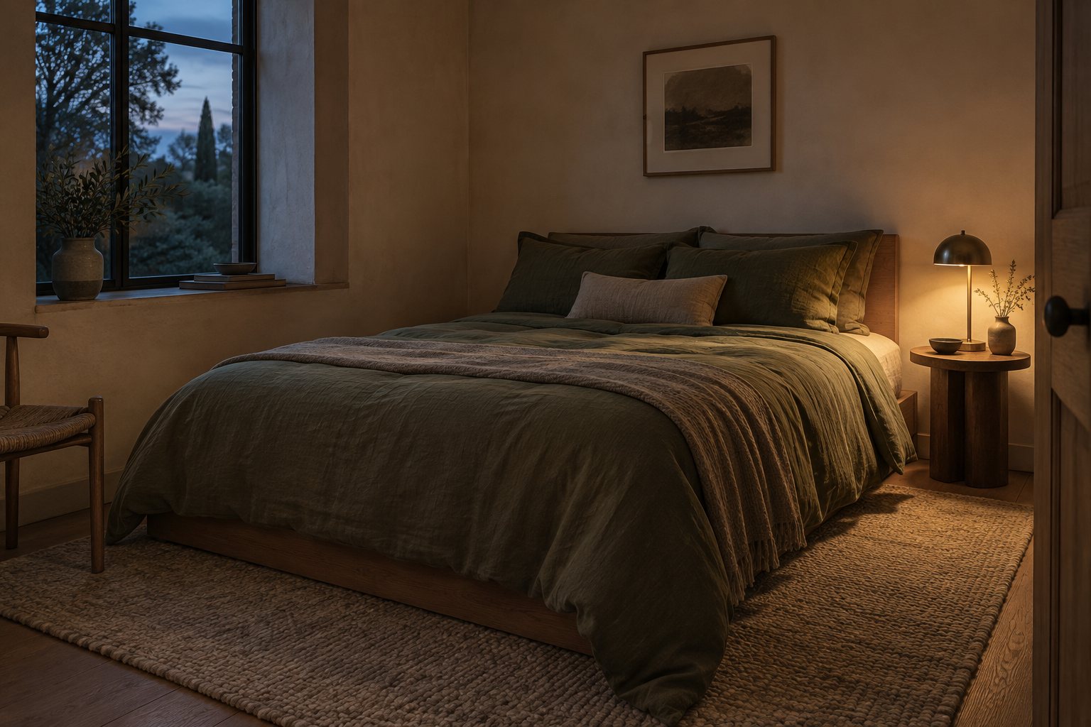 Warm bedroom with green bedding, plaster walls and a brass lamp