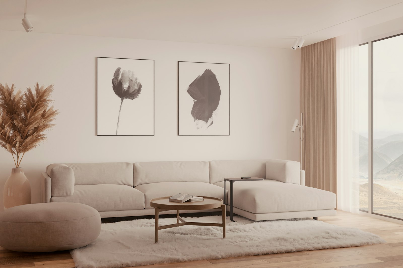 Beige linen sectional sofa in a soft neutral living room with a wool rug