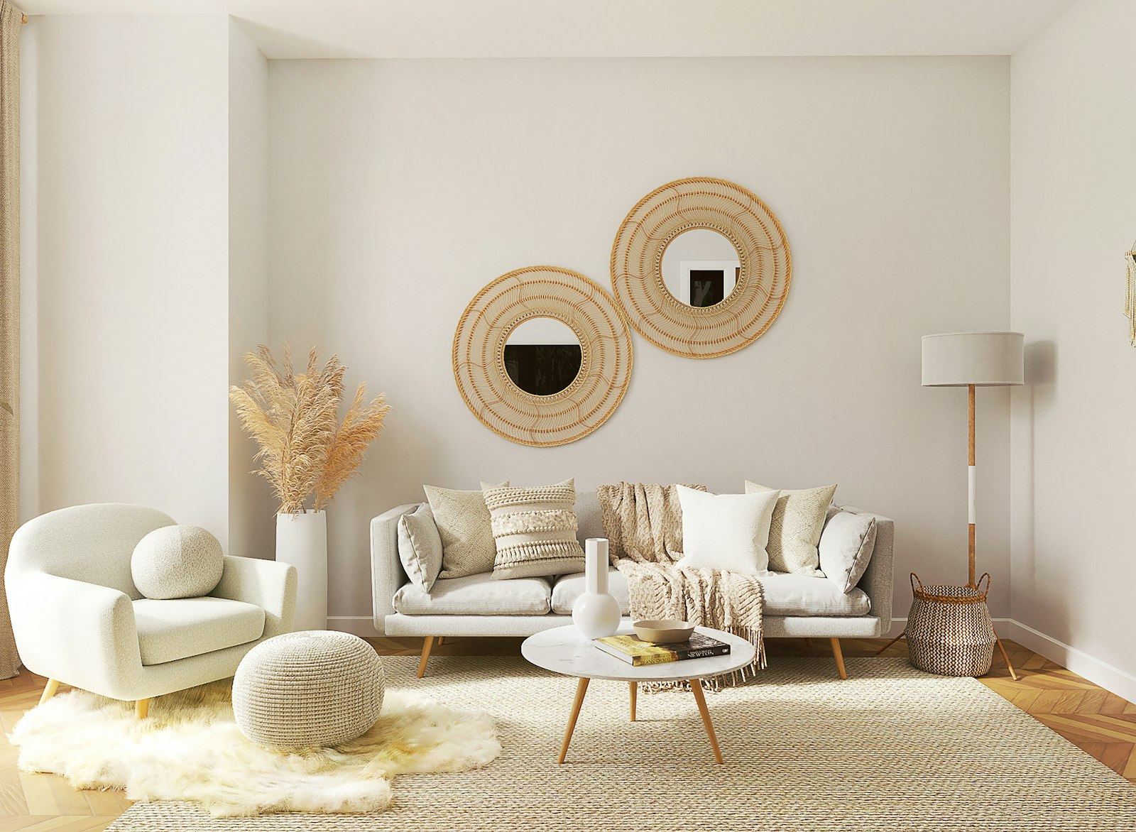 Living room with warm white walls, a cream sofa and woven wall mirrors